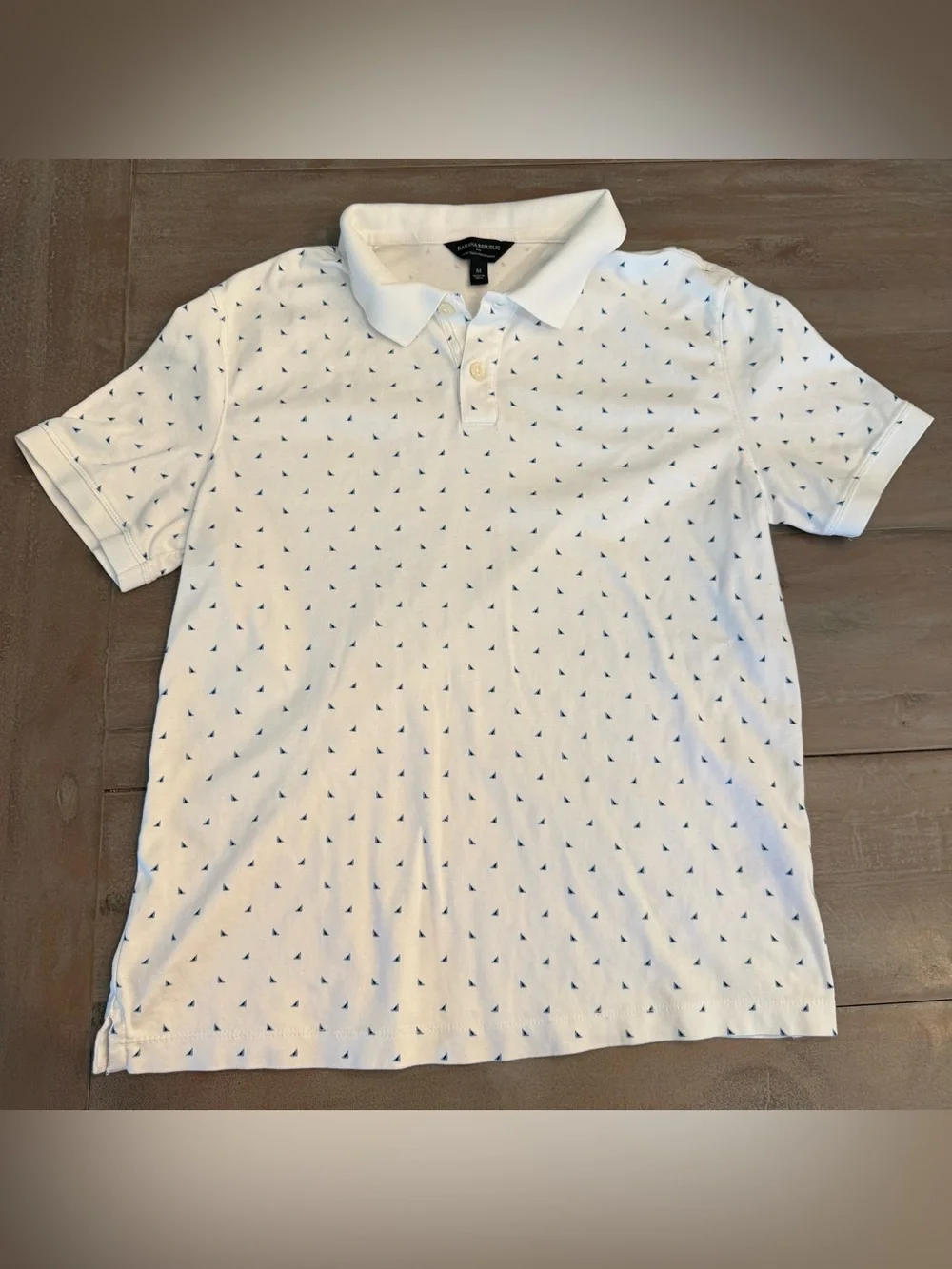 Banana Republic Men’s polo shirt White Blue Geometric Pattern Sz M Preowned